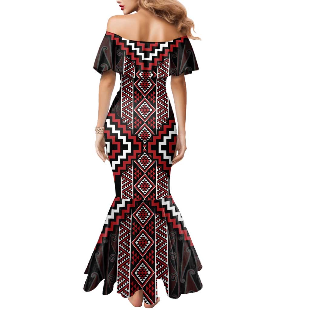 Red Tukutuku Pattern Aotearoa Mermaid Dress Niho Taniwha and Puhoro Motifs