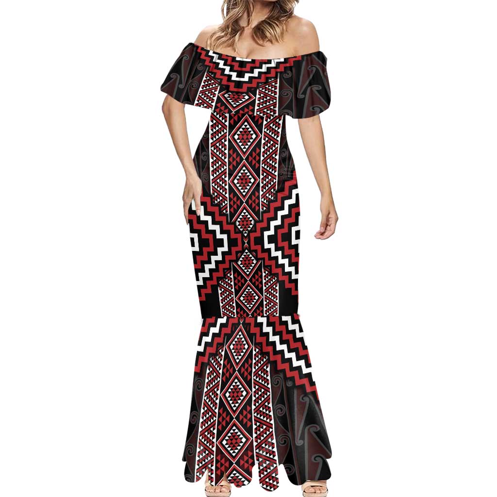 Red Tukutuku Pattern Aotearoa Mermaid Dress Niho Taniwha and Puhoro Motifs