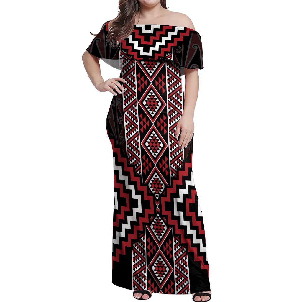 Red Tukutuku Pattern Aotearoa Off Shoulder Maxi Dress Niho Taniwha and Puhoro Motifs