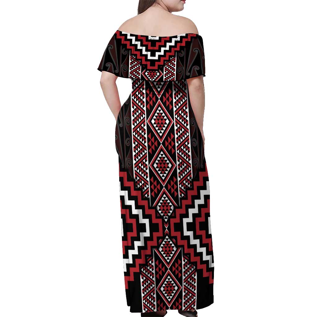 Red Tukutuku Pattern Aotearoa Off Shoulder Maxi Dress Niho Taniwha and Puhoro Motifs