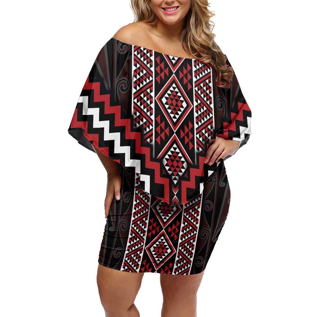 Red Tukutuku Pattern Aotearoa Off Shoulder Short Dress Niho Taniwha and Puhoro Motifs