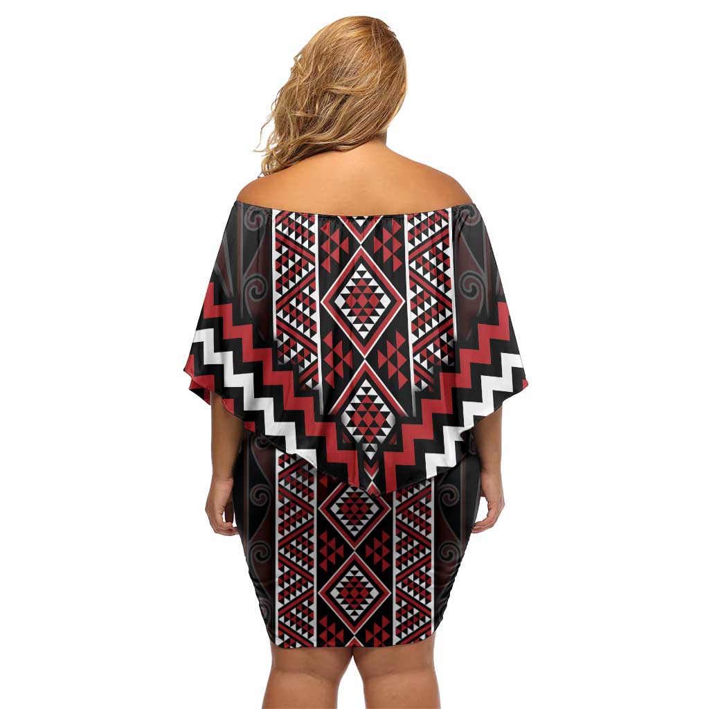 Red Tukutuku Pattern Aotearoa Off Shoulder Short Dress Niho Taniwha and Puhoro Motifs