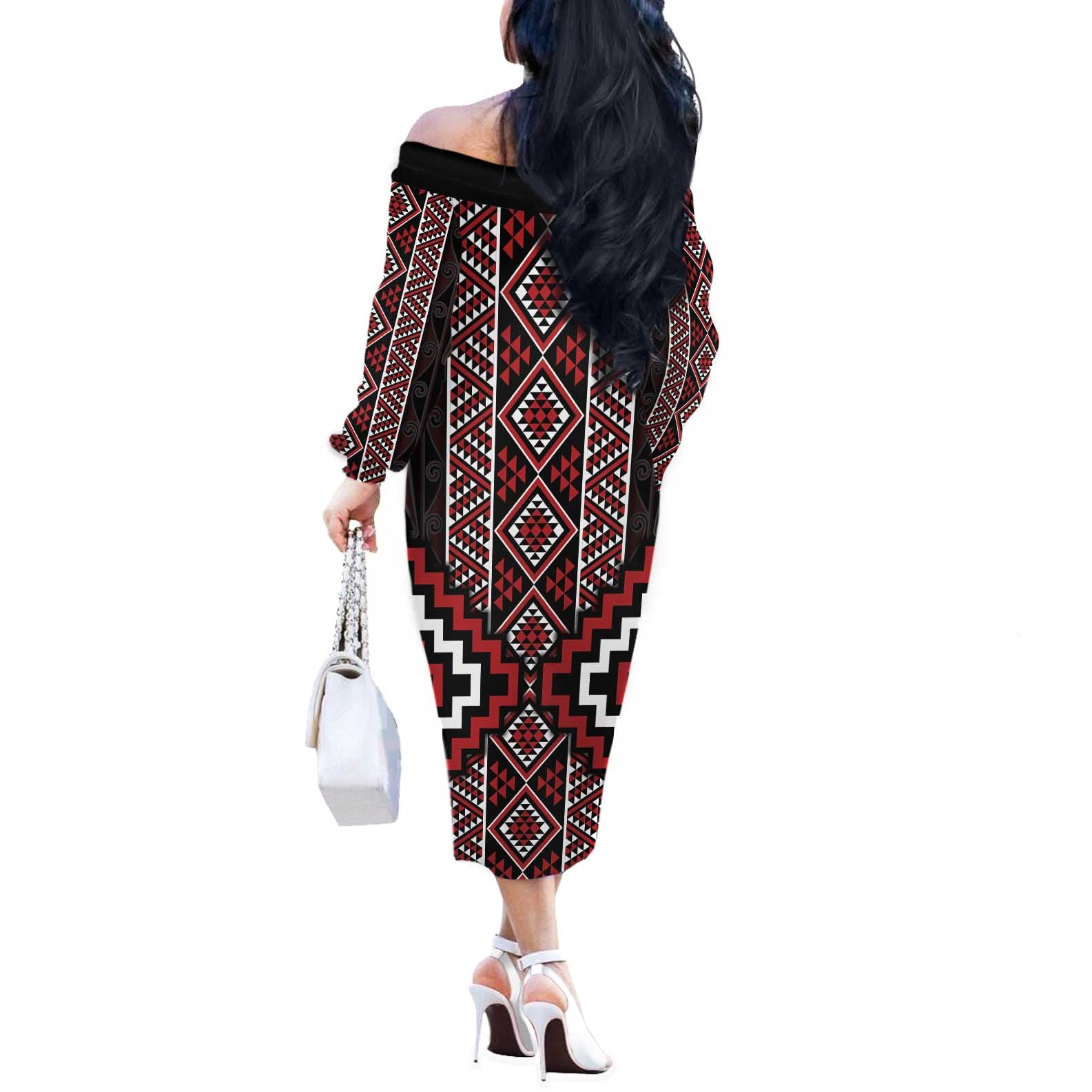 Red Tukutuku Pattern Aotearoa Off The Shoulder Long Sleeve Dress Niho Taniwha and Puhoro Motifs