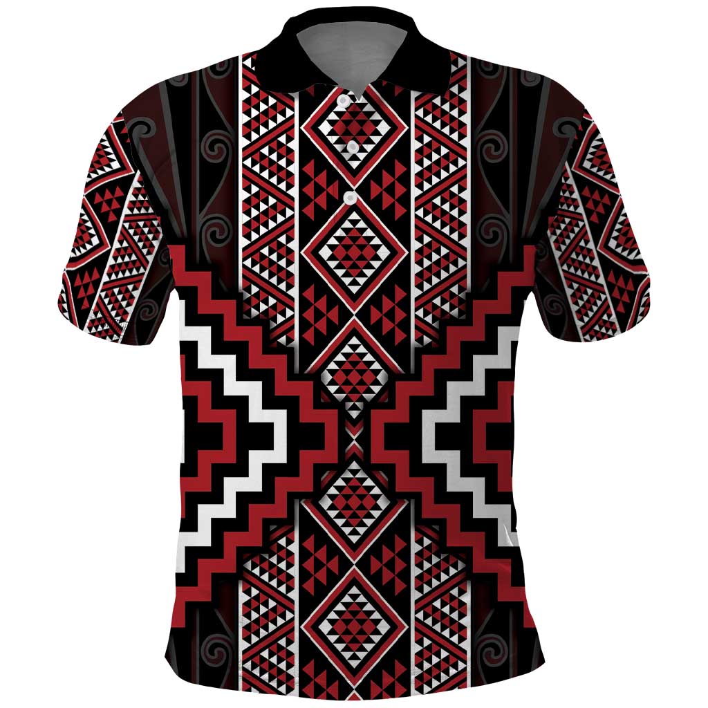 Red Tukutuku Pattern Aotearoa Polo Shirt Niho Taniwha and Puhoro Motifs - Vibe Hoodie Shop