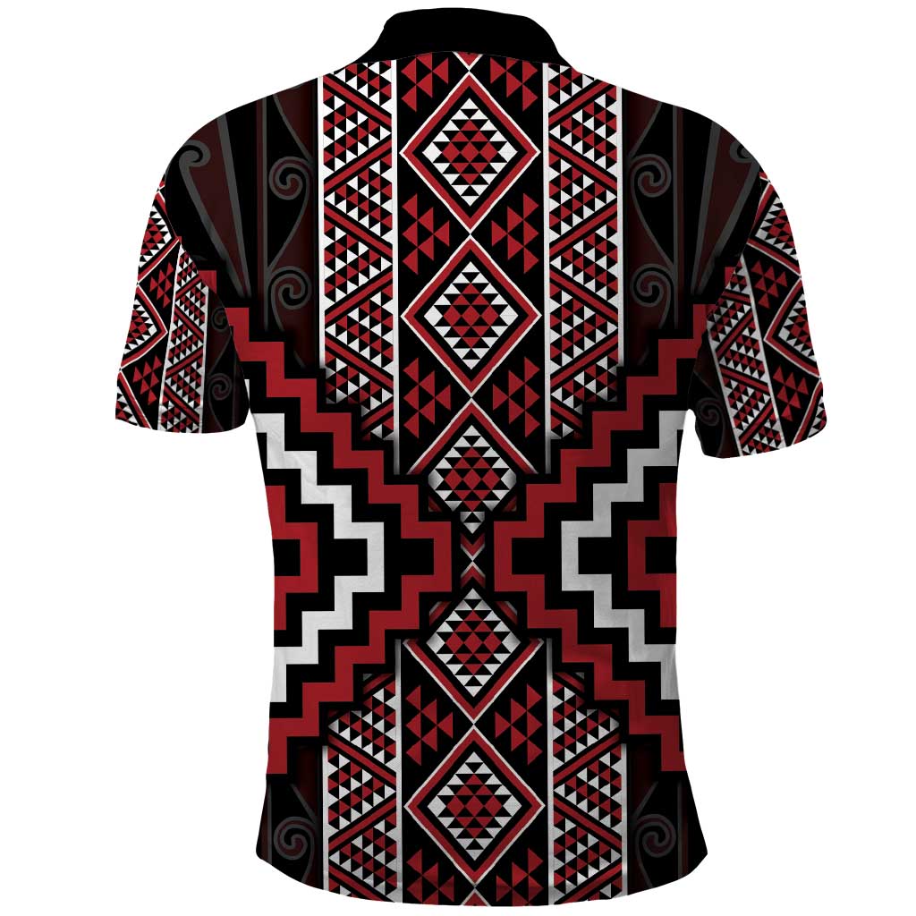 Red Tukutuku Pattern Aotearoa Polo Shirt Niho Taniwha and Puhoro Motifs - Vibe Hoodie Shop