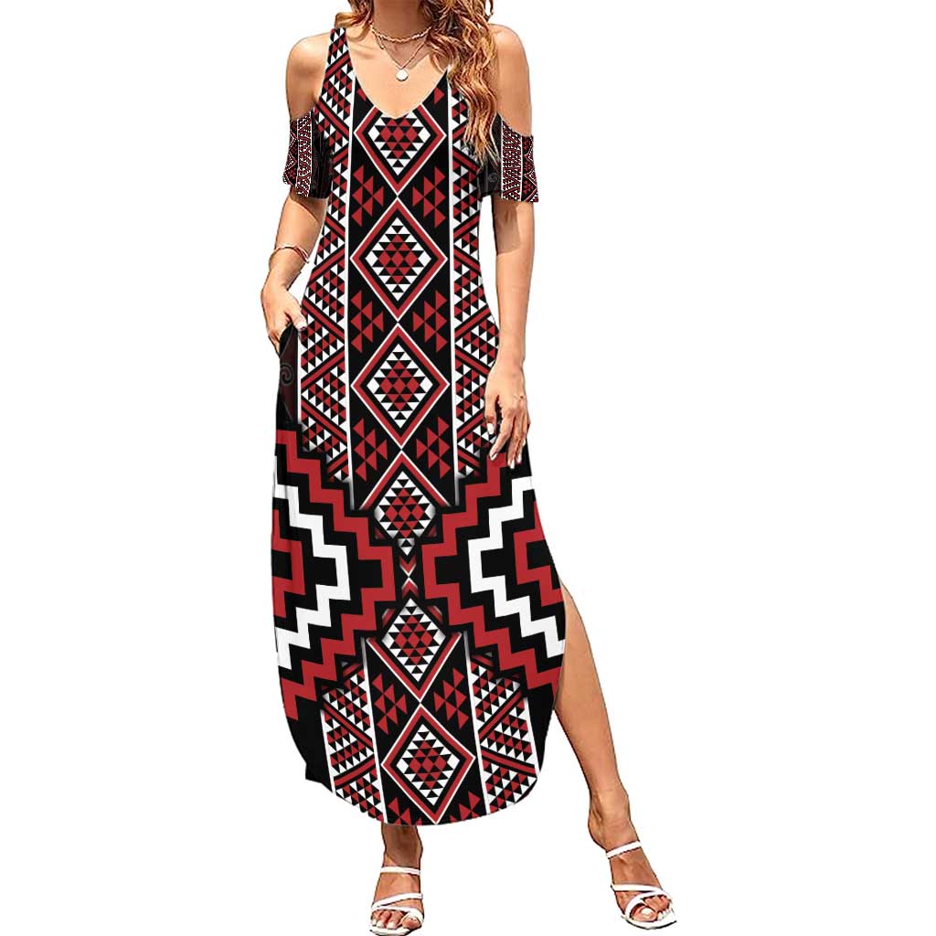 Red Tukutuku Pattern Aotearoa Summer Maxi Dress Niho Taniwha and Puhoro Motifs