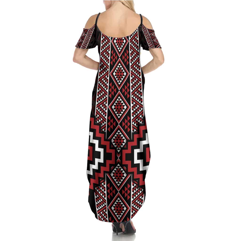 Red Tukutuku Pattern Aotearoa Summer Maxi Dress Niho Taniwha and Puhoro Motifs