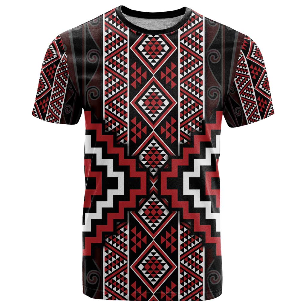 Red Tukutuku Pattern Aotearoa T Shirt Niho Taniwha and Puhoro Motifs - Vibe Hoodie Shop