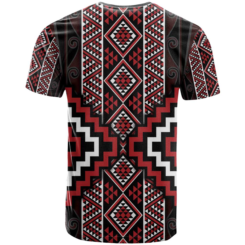 Red Tukutuku Pattern Aotearoa T Shirt Niho Taniwha and Puhoro Motifs - Vibe Hoodie Shop