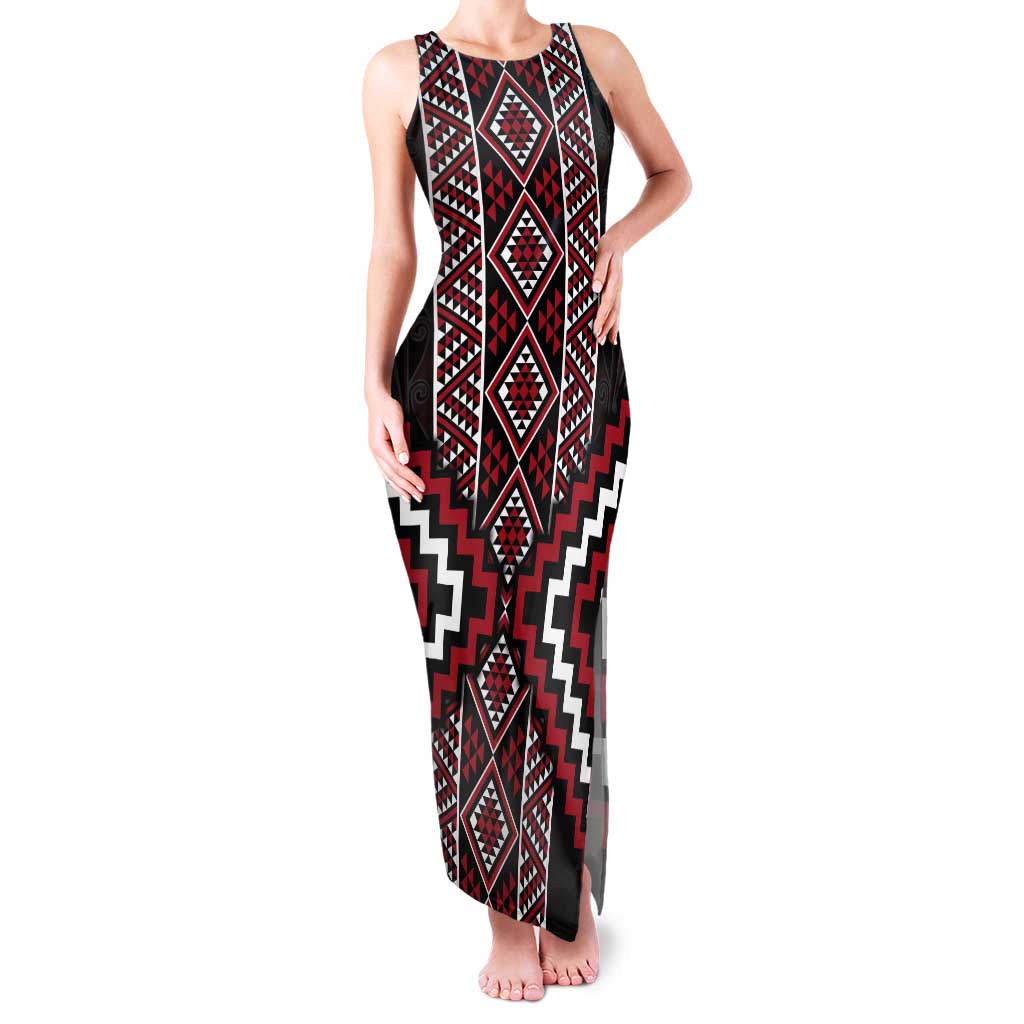 Red Tukutuku Pattern Aotearoa Tank Maxi Dress Niho Taniwha and Puhoro Motifs