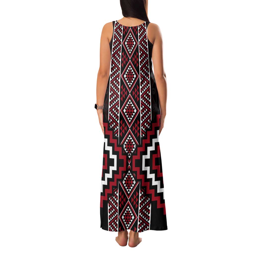 Red Tukutuku Pattern Aotearoa Tank Maxi Dress Niho Taniwha and Puhoro Motifs