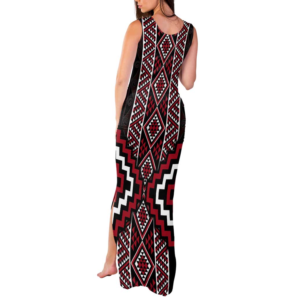 Red Tukutuku Pattern Aotearoa Tank Maxi Dress Niho Taniwha and Puhoro Motifs