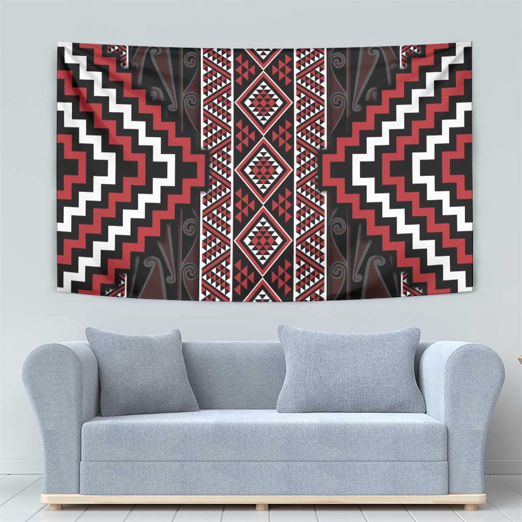 Red Tukutuku Pattern Aotearoa Tapestry Niho Taniwha and Puhoro Motifs - Vibe Hoodie Shop