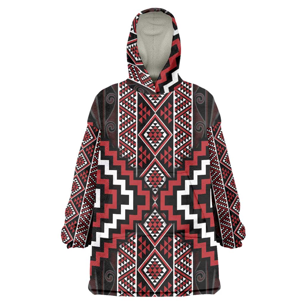 Red Tukutuku Pattern Aotearoa Wearable Blanket Hoodie Niho Taniwha and Puhoro Motifs - Vibe Hoodie Shop