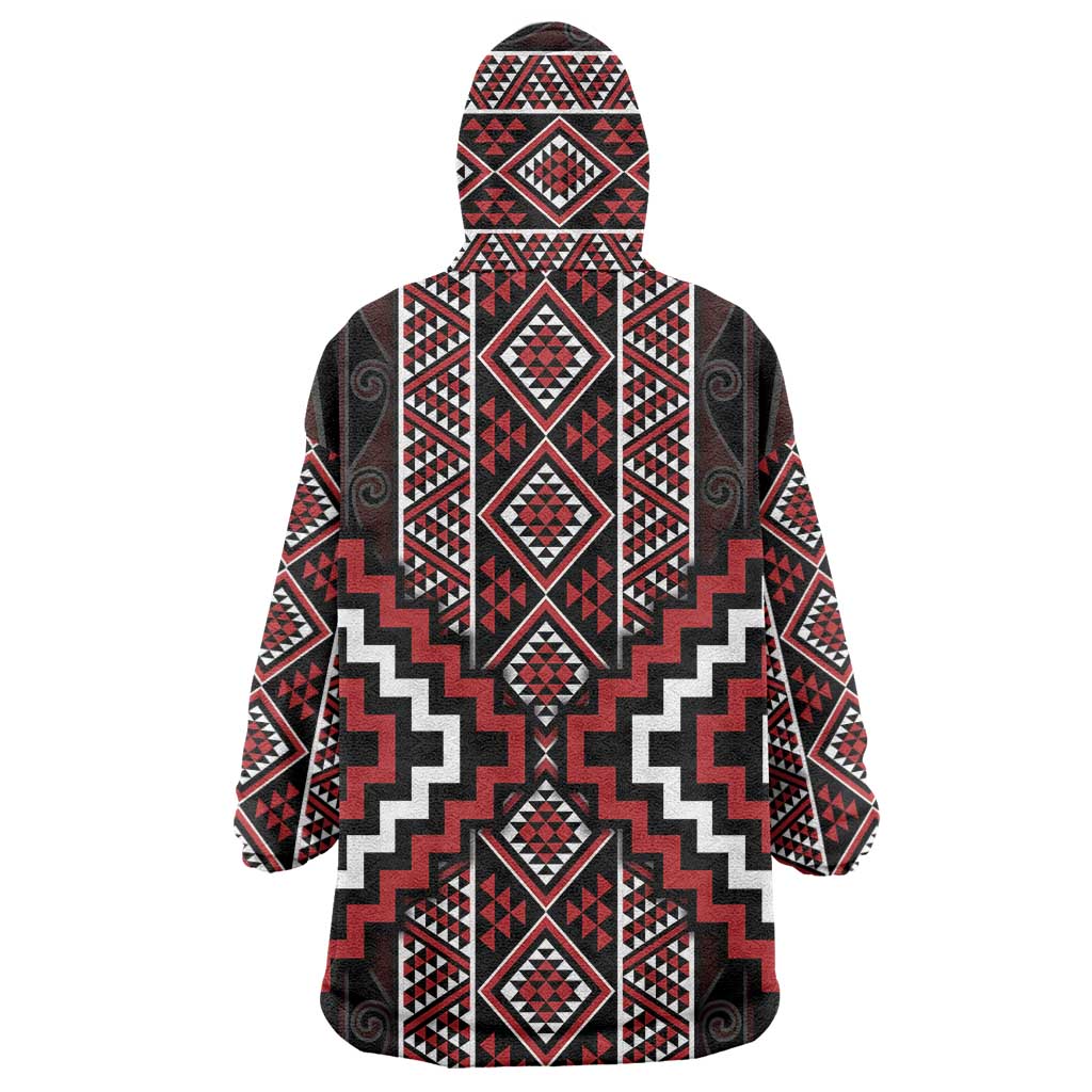 Red Tukutuku Pattern Aotearoa Wearable Blanket Hoodie Niho Taniwha and Puhoro Motifs - Vibe Hoodie Shop