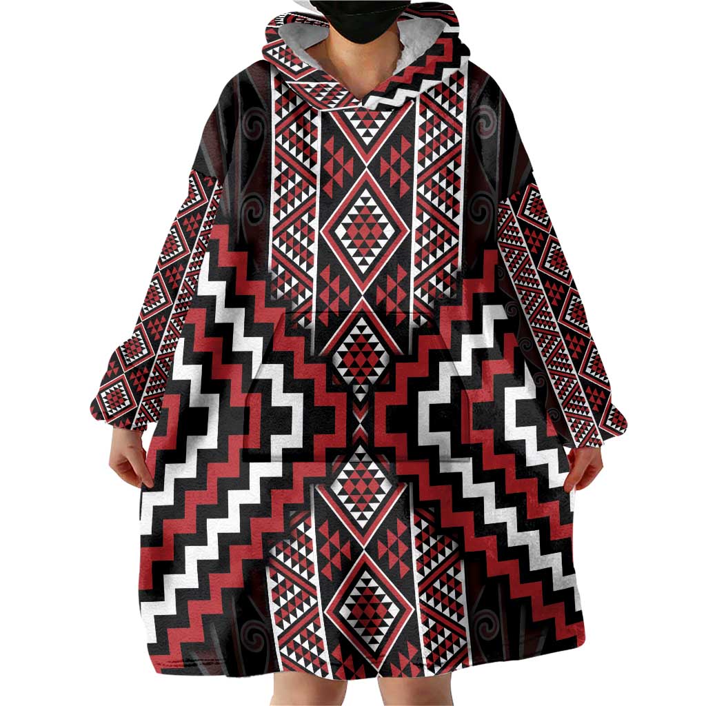 Red Tukutuku Pattern Aotearoa Wearable Blanket Hoodie Niho Taniwha and Puhoro Motifs - Vibe Hoodie Shop