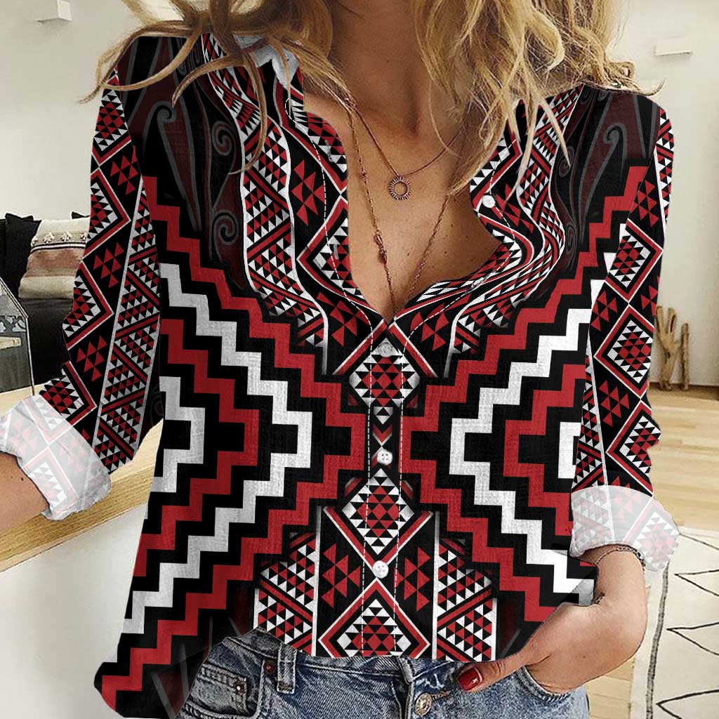 Red Tukutuku Pattern Aotearoa Women Casual Shirt Niho Taniwha and Puhoro Motifs - Vibe Hoodie Shop