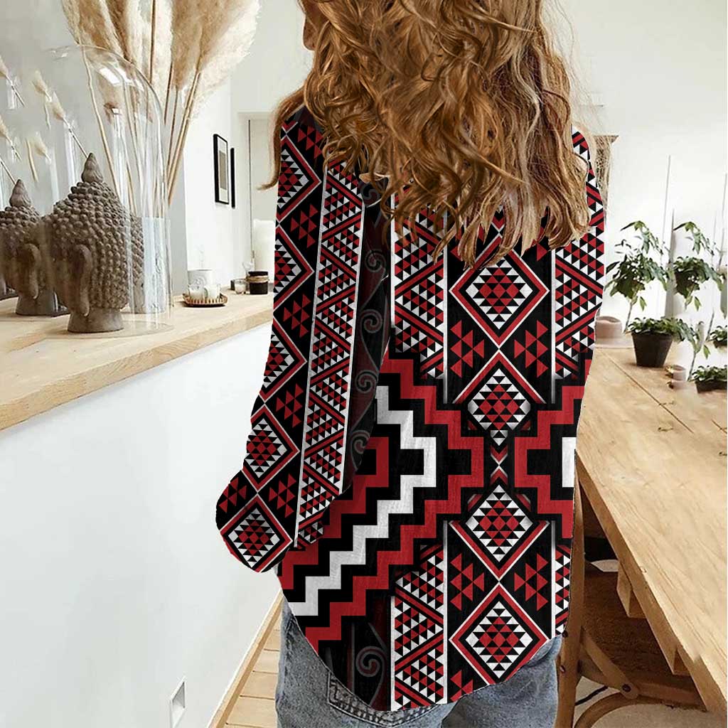 Red Tukutuku Pattern Aotearoa Women Casual Shirt Niho Taniwha and Puhoro Motifs - Vibe Hoodie Shop