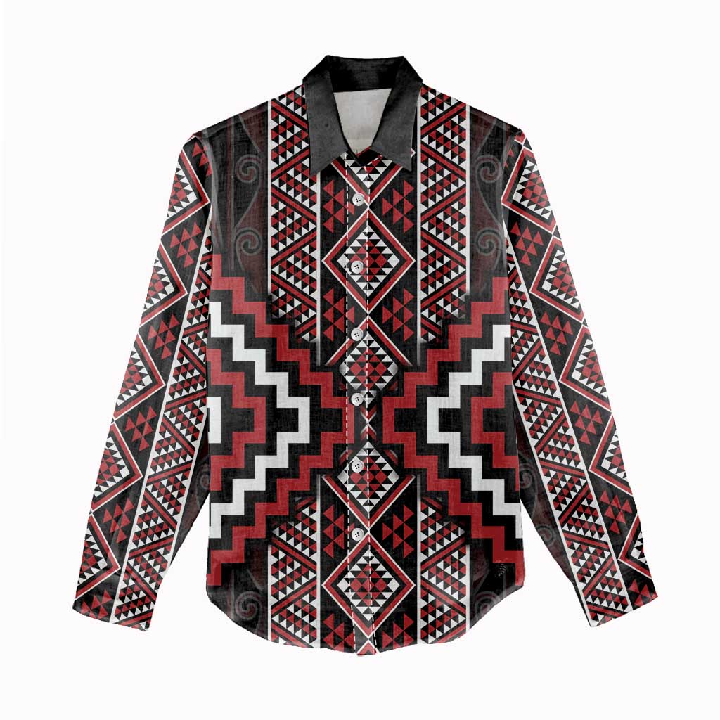 Red Tukutuku Pattern Aotearoa Women Casual Shirt Niho Taniwha and Puhoro Motifs - Vibe Hoodie Shop