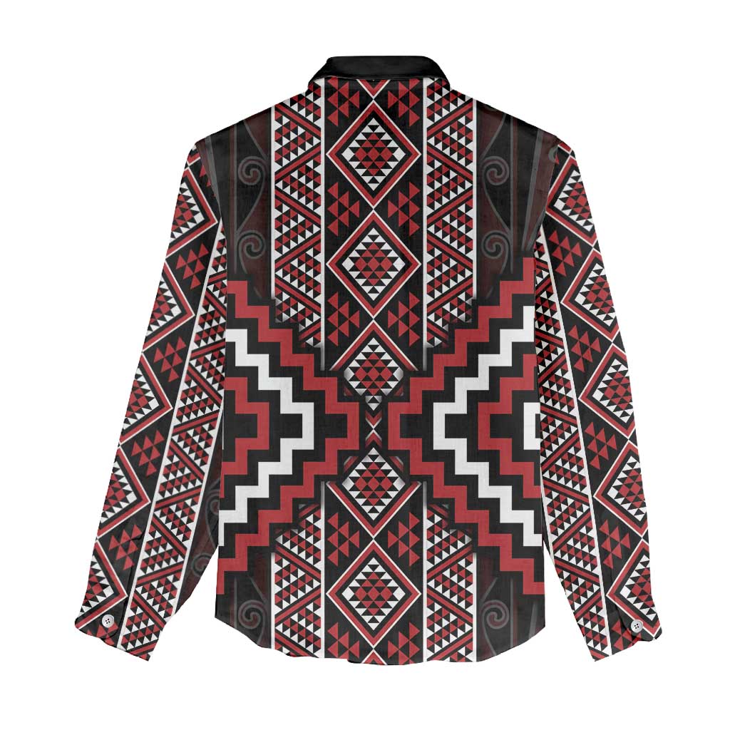 Red Tukutuku Pattern Aotearoa Women Casual Shirt Niho Taniwha and Puhoro Motifs - Vibe Hoodie Shop
