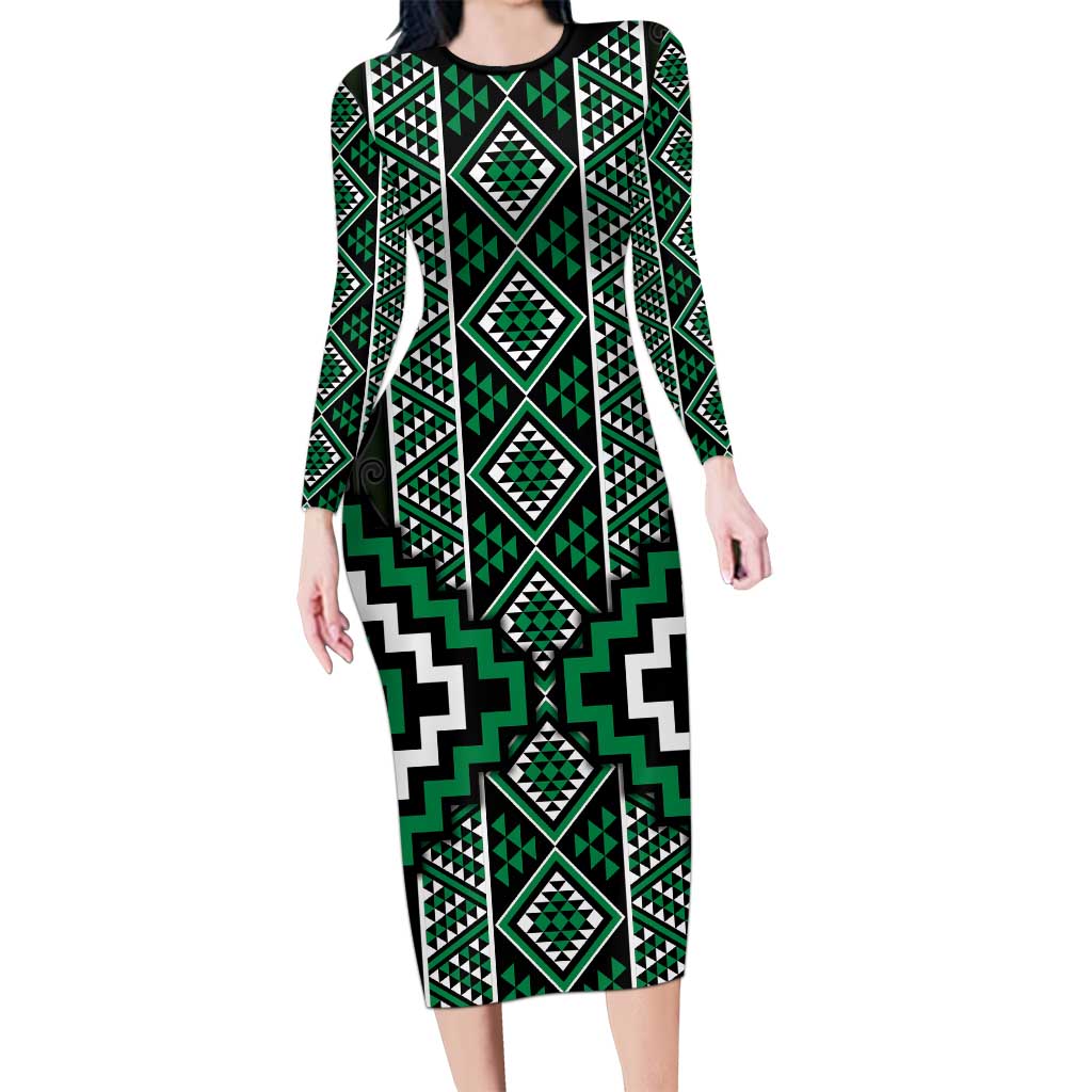 Jade Tukutuku Pattern Aotearoa Family Matching Long Sleeve Bodycon Dress and Hawaiian Shirt Niho Taniwha and Puhoro Motifs