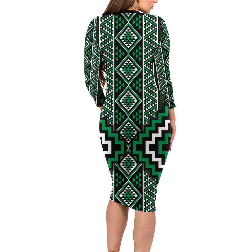 Jade Tukutuku Pattern Aotearoa Family Matching Long Sleeve Bodycon Dress and Hawaiian Shirt Niho Taniwha and Puhoro Motifs