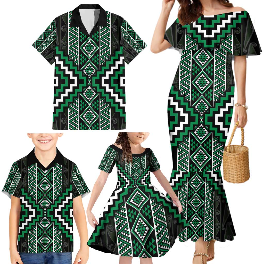 Jade Tukutuku Pattern Aotearoa Family Matching Mermaid Dress and Hawaiian Shirt Niho Taniwha and Puhoro Motifs