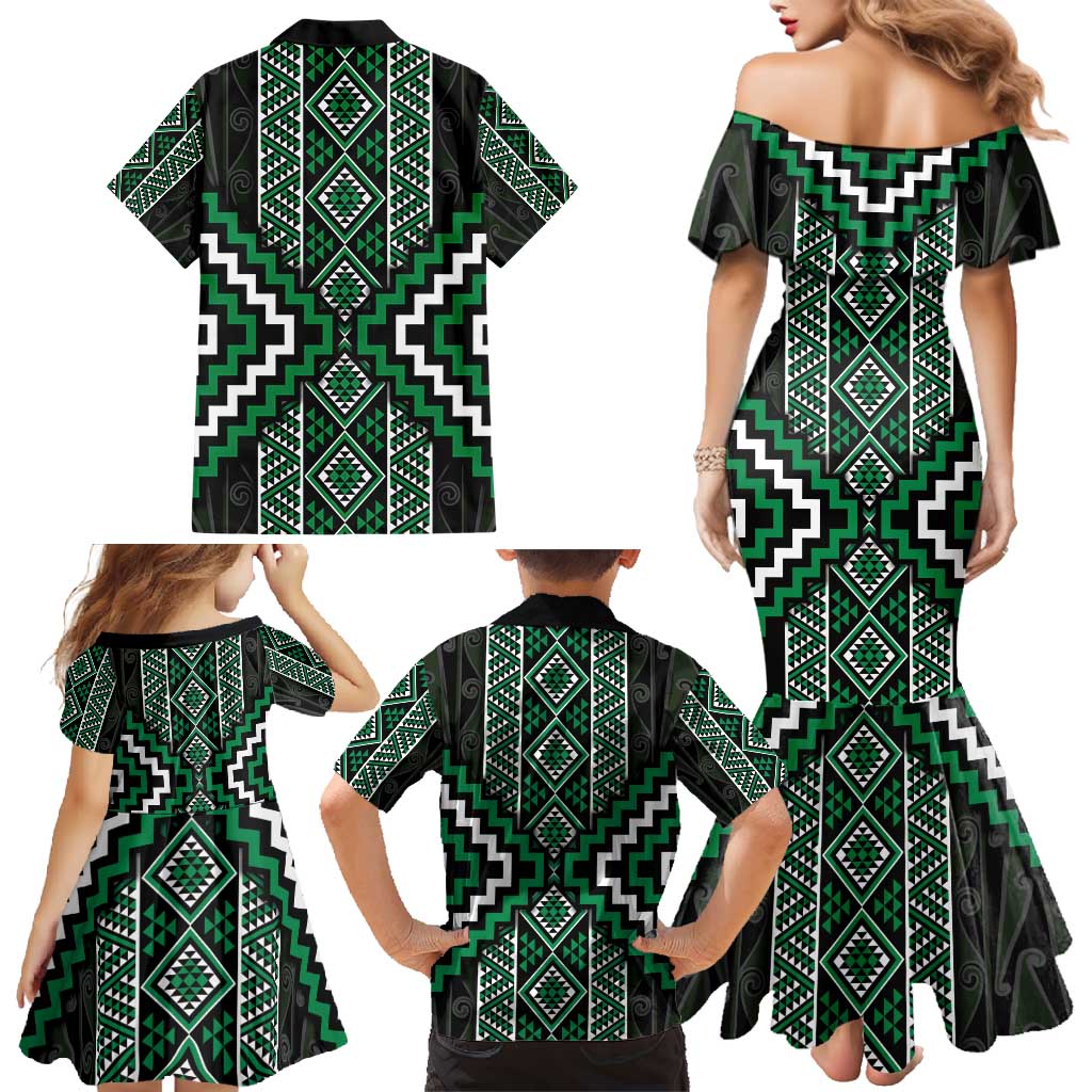 Jade Tukutuku Pattern Aotearoa Family Matching Mermaid Dress and Hawaiian Shirt Niho Taniwha and Puhoro Motifs