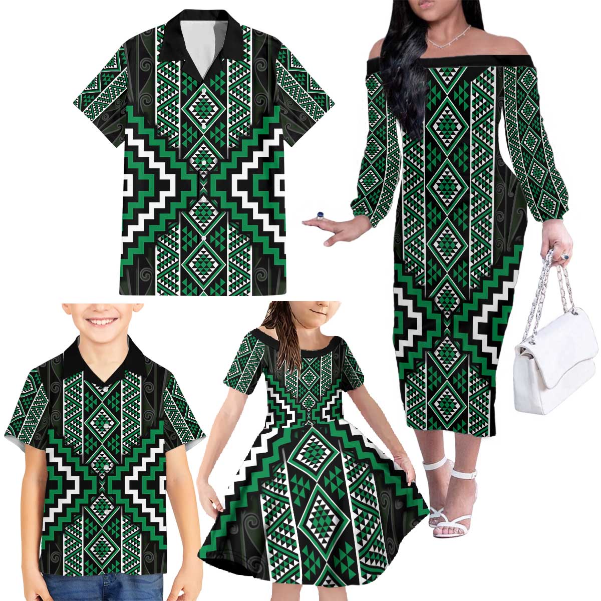 Jade Tukutuku Pattern Aotearoa Family Matching Off The Shoulder Long Sleeve Dress and Hawaiian Shirt Niho Taniwha and Puhoro Motifs