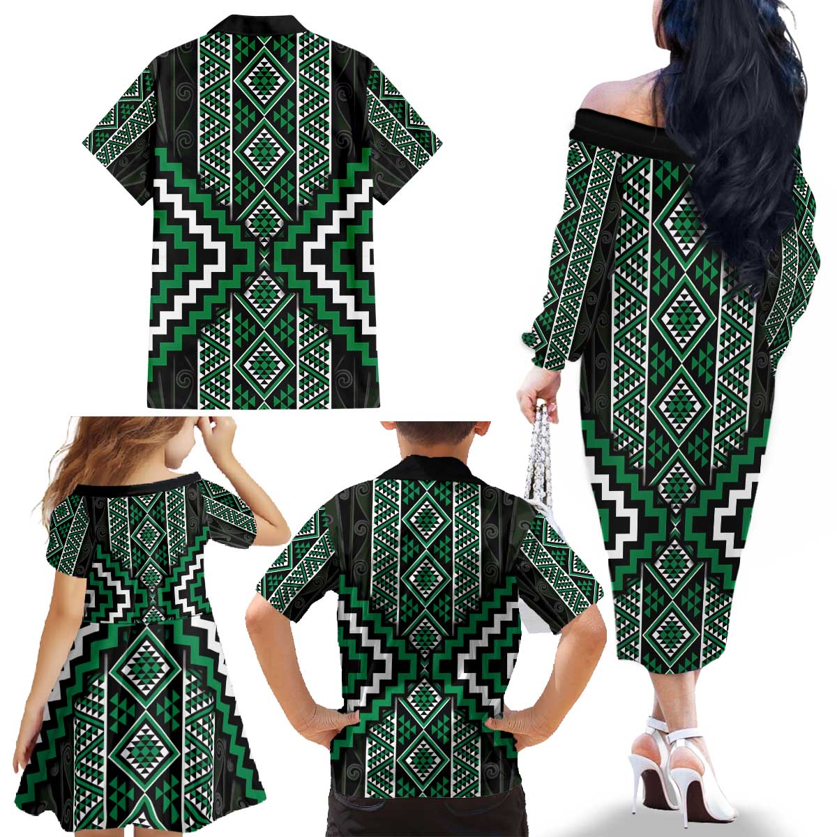 Jade Tukutuku Pattern Aotearoa Family Matching Off The Shoulder Long Sleeve Dress and Hawaiian Shirt Niho Taniwha and Puhoro Motifs