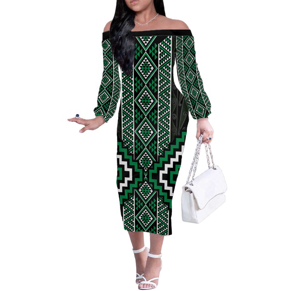 Jade Tukutuku Pattern Aotearoa Family Matching Off The Shoulder Long Sleeve Dress and Hawaiian Shirt Niho Taniwha and Puhoro Motifs