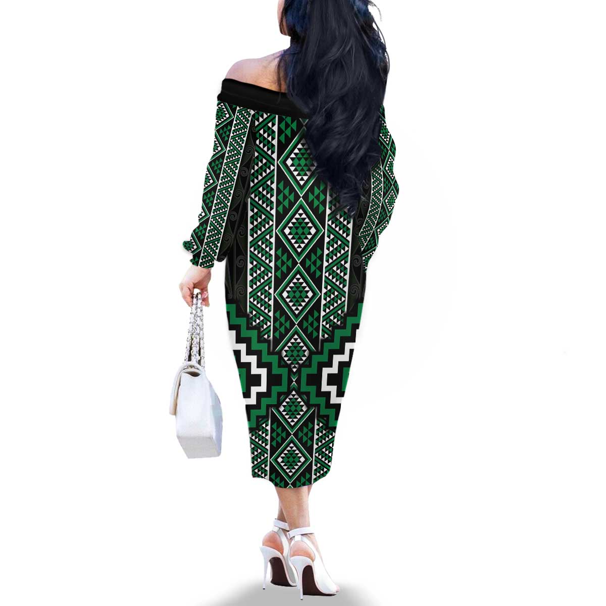 Jade Tukutuku Pattern Aotearoa Family Matching Off The Shoulder Long Sleeve Dress and Hawaiian Shirt Niho Taniwha and Puhoro Motifs