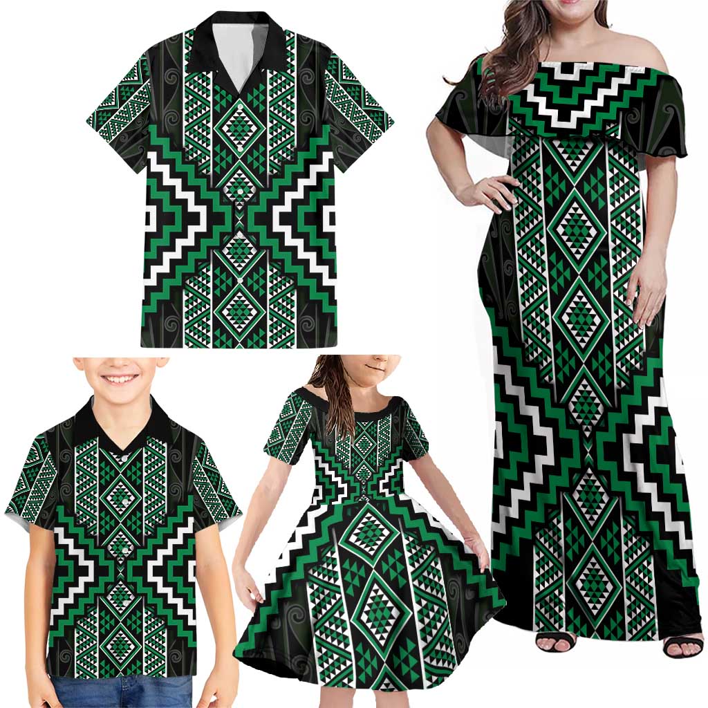 Jade Tukutuku Pattern Aotearoa Family Matching Off Shoulder Maxi Dress and Hawaiian Shirt Niho Taniwha and Puhoro Motifs