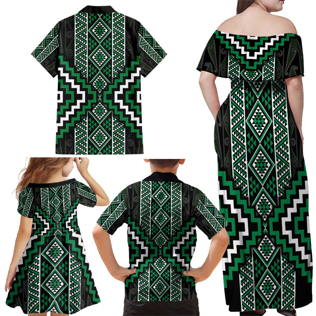 Jade Tukutuku Pattern Aotearoa Family Matching Off Shoulder Maxi Dress and Hawaiian Shirt Niho Taniwha and Puhoro Motifs