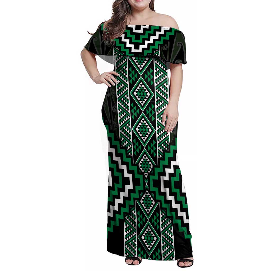 Jade Tukutuku Pattern Aotearoa Family Matching Off Shoulder Maxi Dress and Hawaiian Shirt Niho Taniwha and Puhoro Motifs