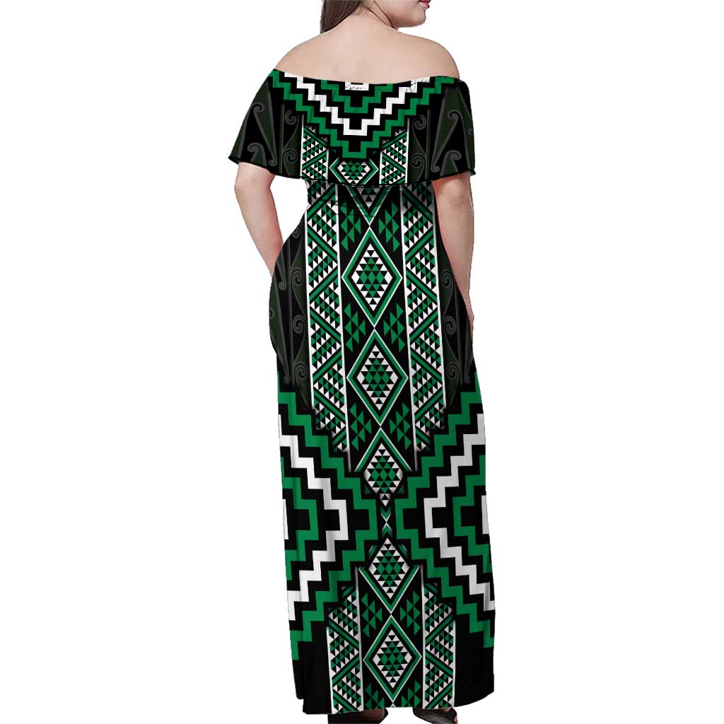 Jade Tukutuku Pattern Aotearoa Family Matching Off Shoulder Maxi Dress and Hawaiian Shirt Niho Taniwha and Puhoro Motifs