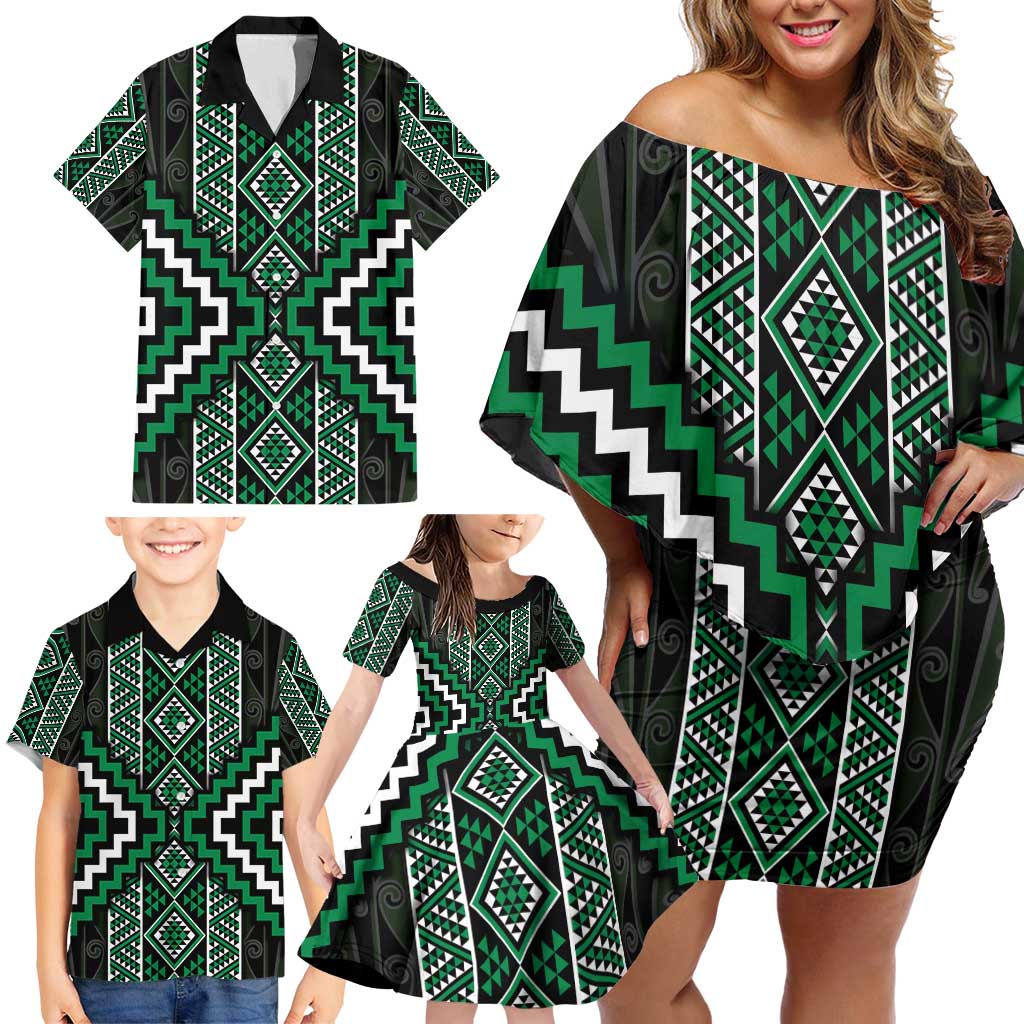 Jade Tukutuku Pattern Aotearoa Family Matching Off Shoulder Short Dress and Hawaiian Shirt Niho Taniwha and Puhoro Motifs