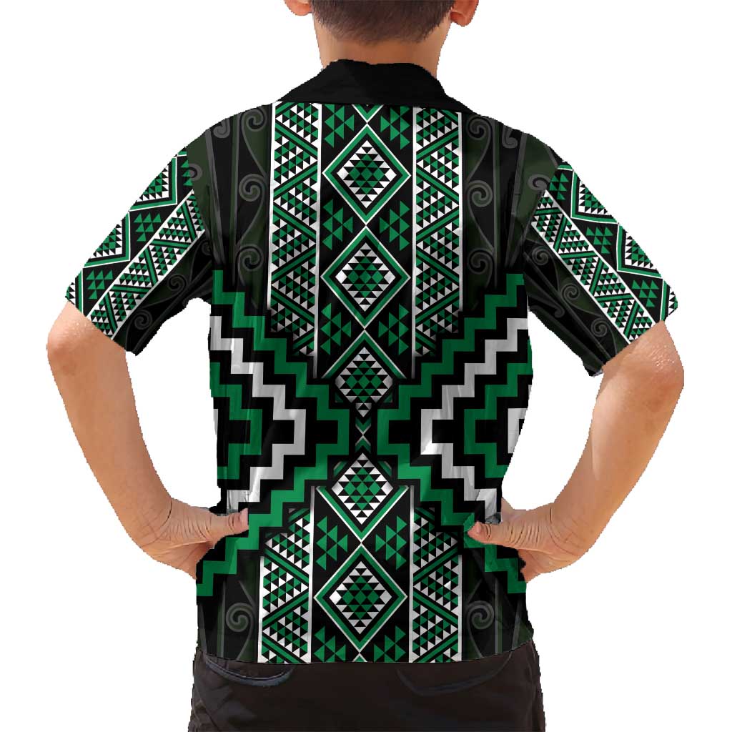 Jade Tukutuku Pattern Aotearoa Family Matching Off Shoulder Short Dress and Hawaiian Shirt Niho Taniwha and Puhoro Motifs