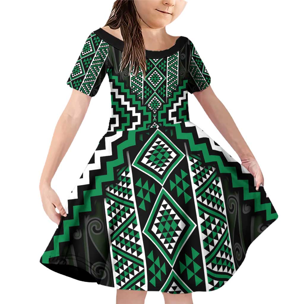 Jade Tukutuku Pattern Aotearoa Family Matching Off Shoulder Short Dress and Hawaiian Shirt Niho Taniwha and Puhoro Motifs