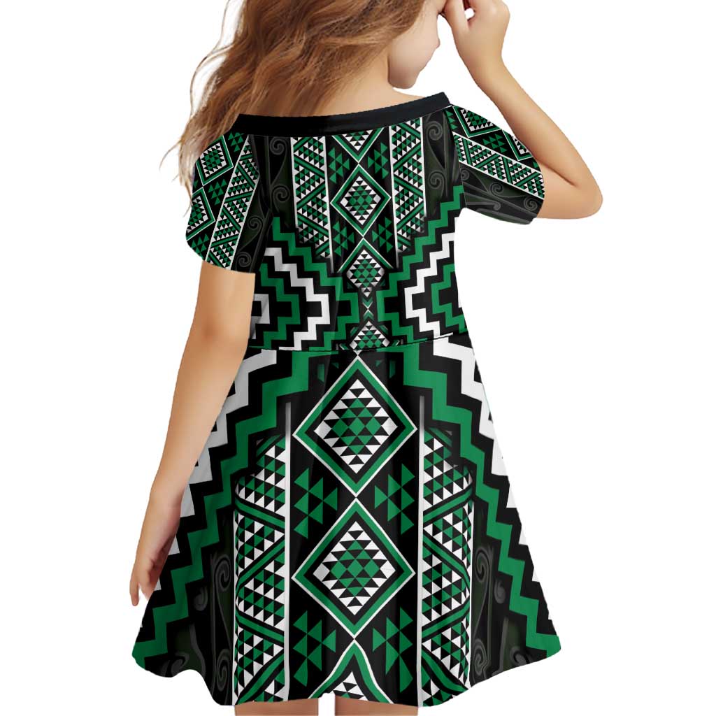 Jade Tukutuku Pattern Aotearoa Family Matching Off Shoulder Short Dress and Hawaiian Shirt Niho Taniwha and Puhoro Motifs