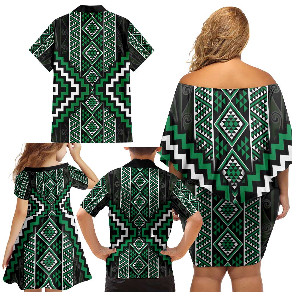 Jade Tukutuku Pattern Aotearoa Family Matching Off Shoulder Short Dress and Hawaiian Shirt Niho Taniwha and Puhoro Motifs