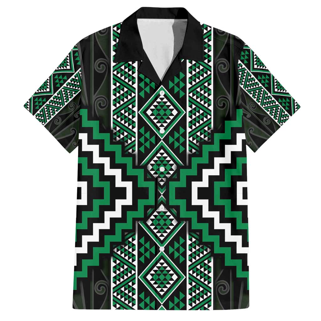 Jade Tukutuku Pattern Aotearoa Family Matching Off Shoulder Short Dress and Hawaiian Shirt Niho Taniwha and Puhoro Motifs