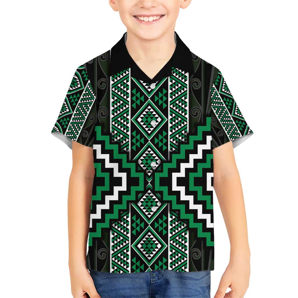 Jade Tukutuku Pattern Aotearoa Family Matching Off Shoulder Short Dress and Hawaiian Shirt Niho Taniwha and Puhoro Motifs