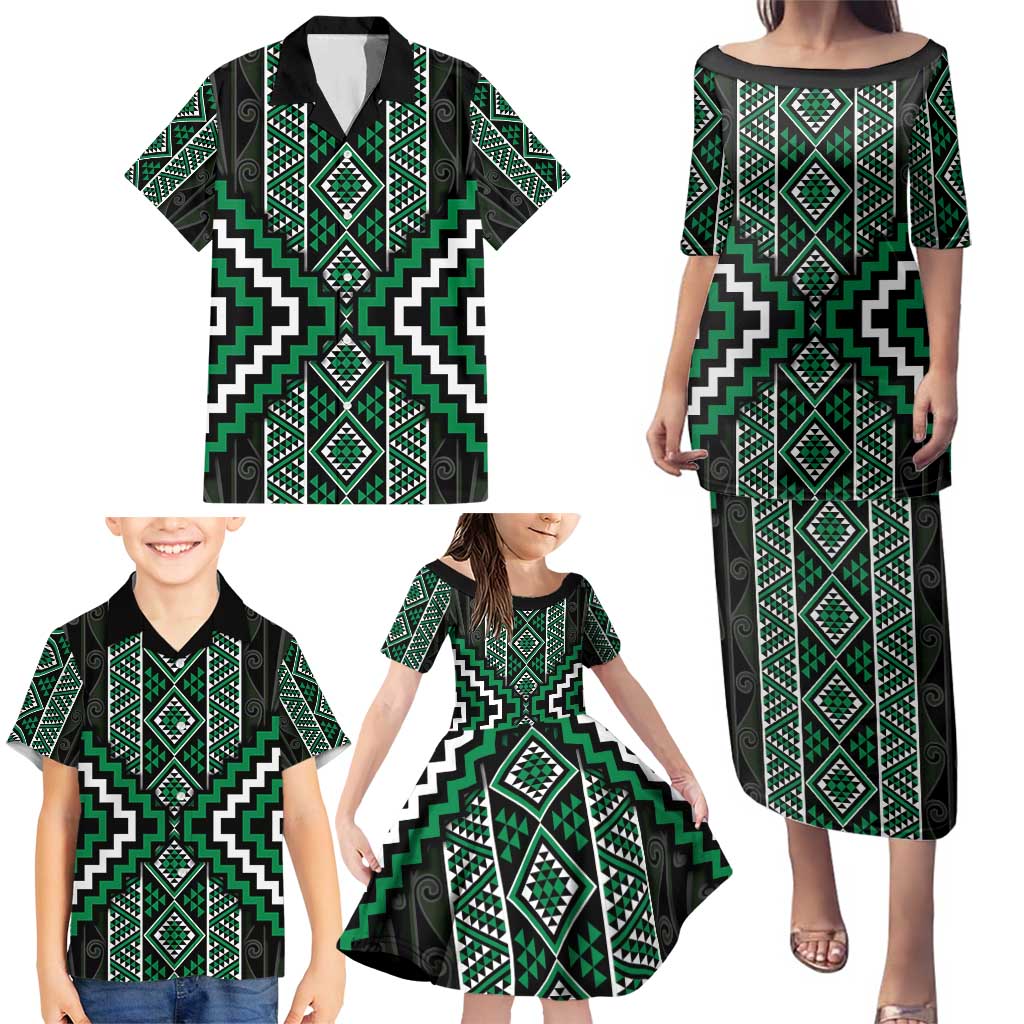 Jade Tukutuku Pattern Aotearoa Family Matching Puletasi and Hawaiian Shirt Niho Taniwha and Puhoro Motifs