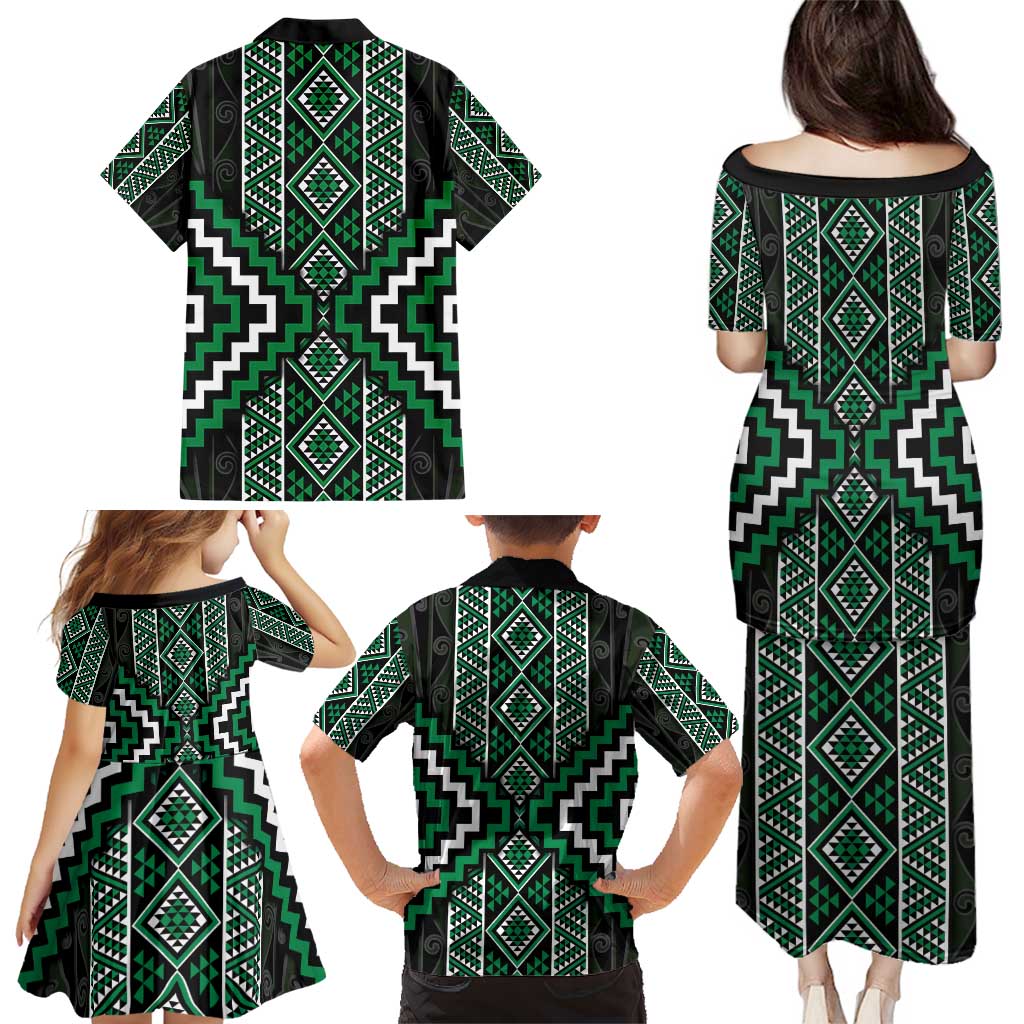 Jade Tukutuku Pattern Aotearoa Family Matching Puletasi and Hawaiian Shirt Niho Taniwha and Puhoro Motifs