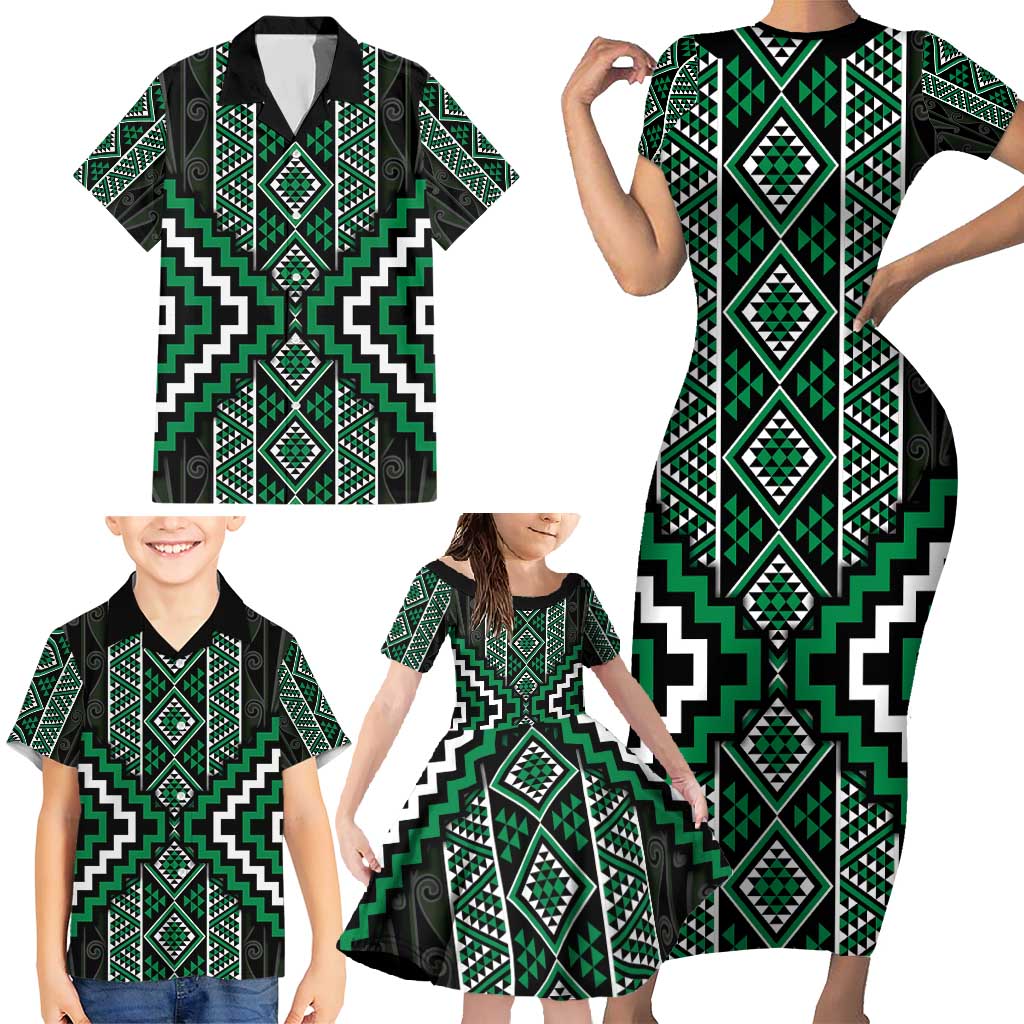 Jade Tukutuku Pattern Aotearoa Family Matching Short Sleeve Bodycon Dress and Hawaiian Shirt Niho Taniwha and Puhoro Motifs