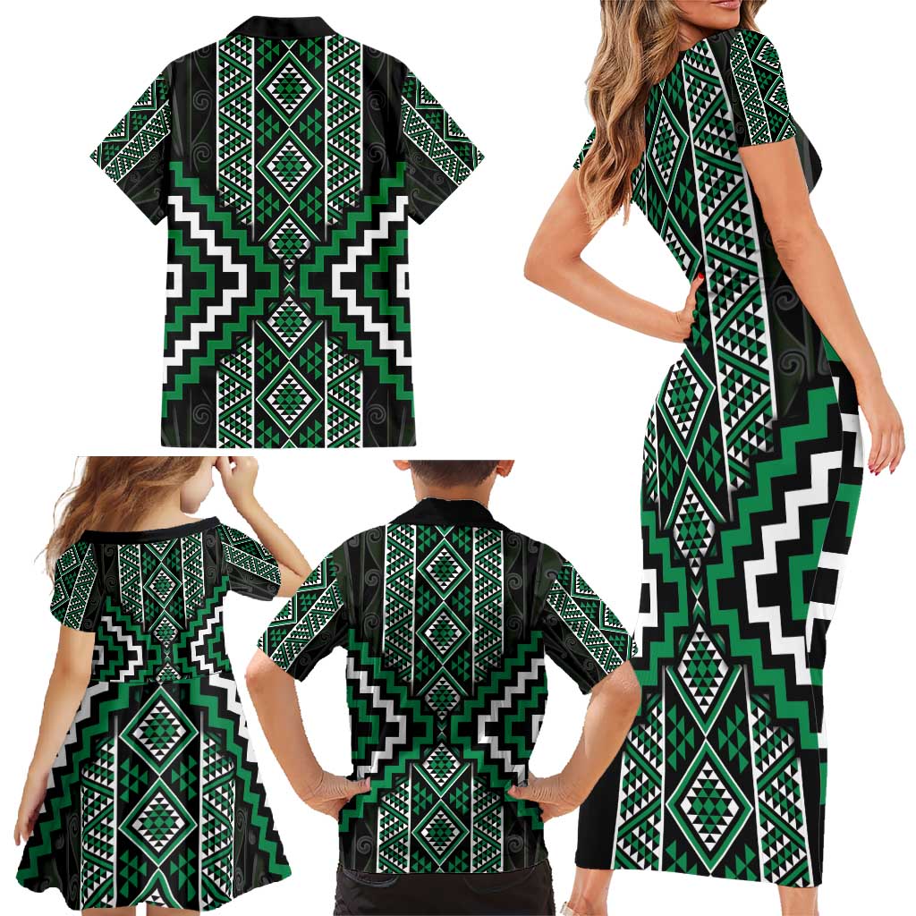 Jade Tukutuku Pattern Aotearoa Family Matching Short Sleeve Bodycon Dress and Hawaiian Shirt Niho Taniwha and Puhoro Motifs