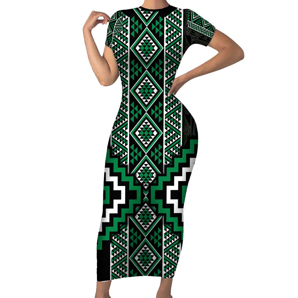 Jade Tukutuku Pattern Aotearoa Family Matching Short Sleeve Bodycon Dress and Hawaiian Shirt Niho Taniwha and Puhoro Motifs