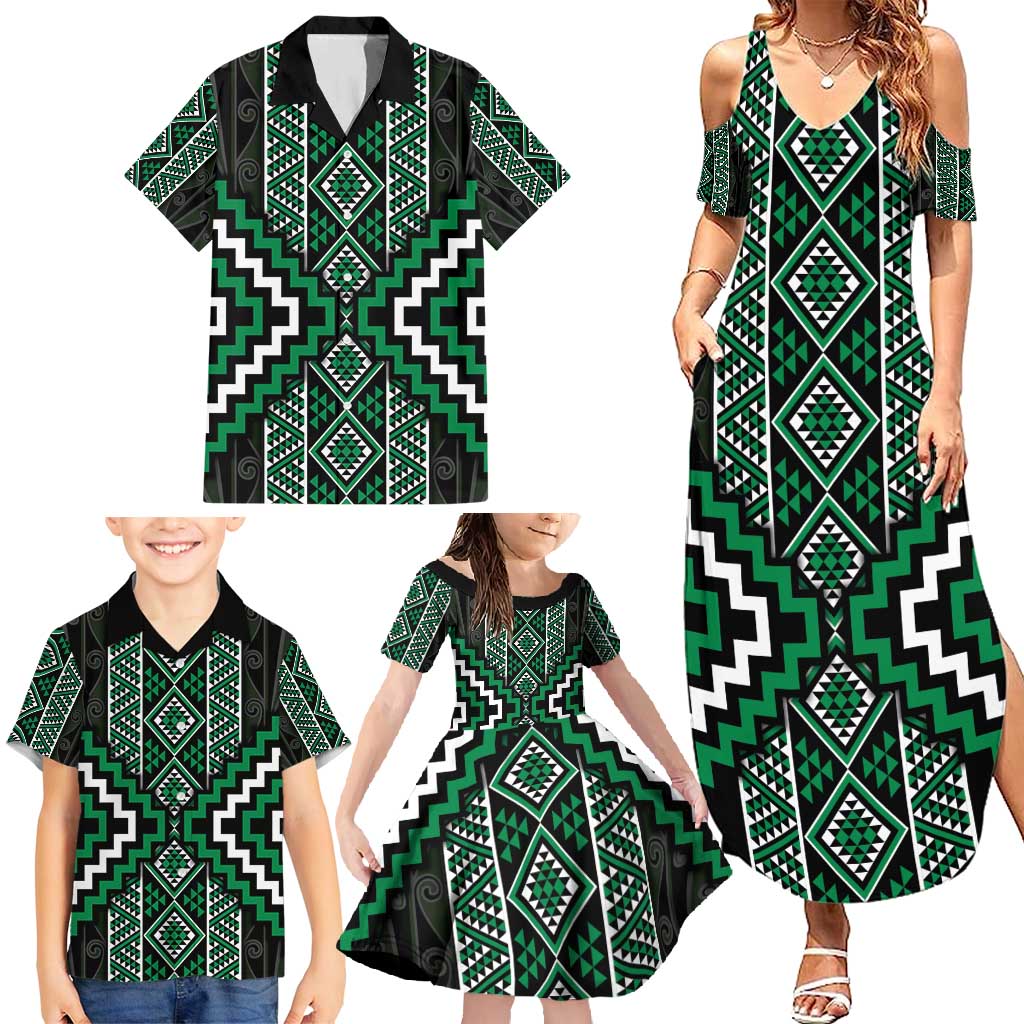 Jade Tukutuku Pattern Aotearoa Family Matching Summer Maxi Dress and Hawaiian Shirt Niho Taniwha and Puhoro Motifs