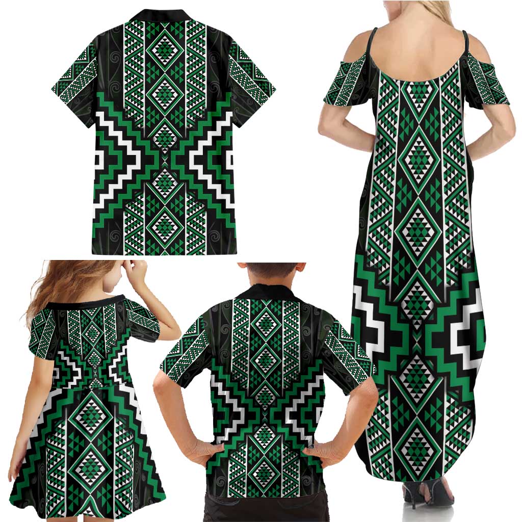 Jade Tukutuku Pattern Aotearoa Family Matching Summer Maxi Dress and Hawaiian Shirt Niho Taniwha and Puhoro Motifs